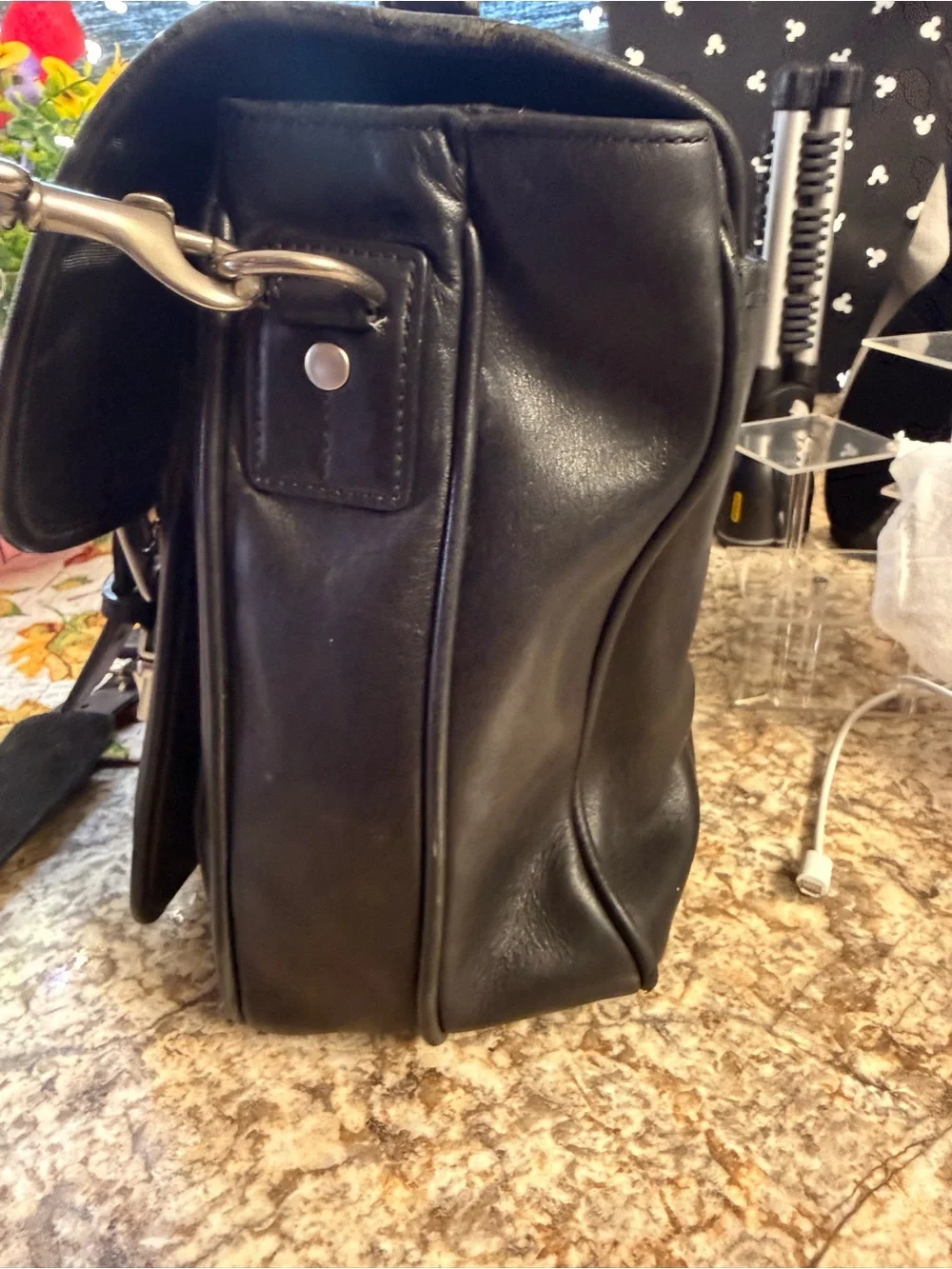 Coach Black Leather Messenger Bag with Buckle Straps